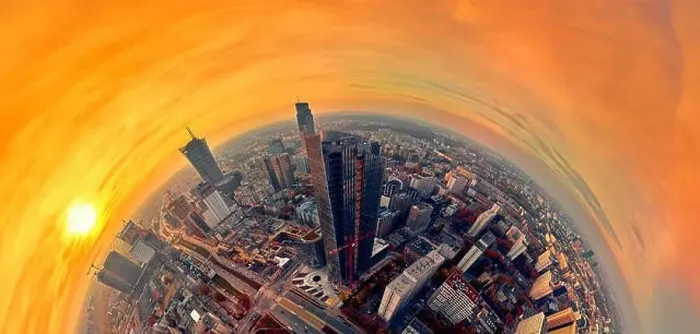 Framed Print : WARSAW, POLAND - OCTOBER 19, 2019: Beautiful panoramic aerial drone view to panorama cityscape of Warsaw modern City