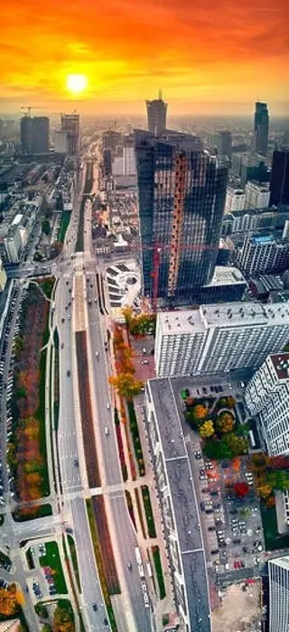 Framed Print : WARSAW, POLAND - OCTOBER 19, 2019: Beautiful panoramic aerial drone view to panorama cityscape of Warsaw modern City