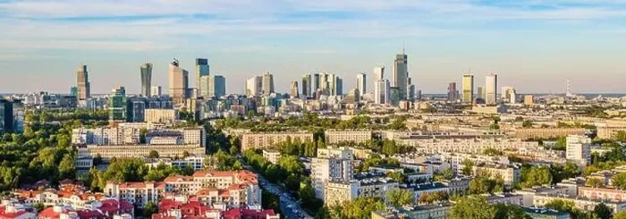 Framed Print : Warsaw skyline aerial landscape, view from Szczesliwice district at dusk Framed Print : Warsaw skyline aerial landscape, view from Szczesliwice district at dusk