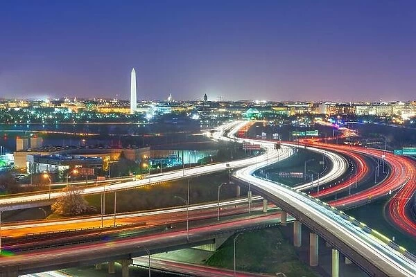 Washington, D.C. skyline with highways and monuments