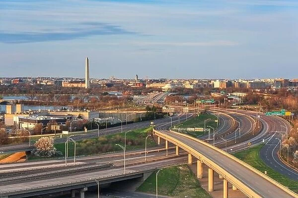 Washington, D.C. skyline with Highways and Monuments at dusk