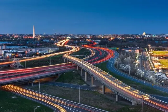 Framed Print : Washington, D.C. skyline with Highways and Monuments at dusk Framed Print : Washington, D.C. skyline with Highways and Monuments at dusk