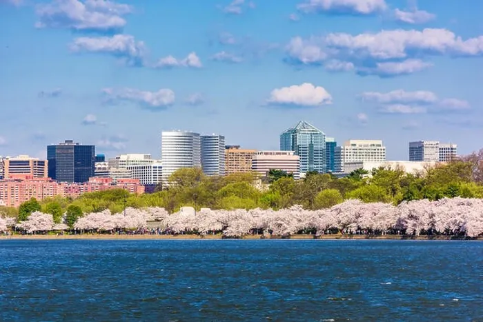 Framed Print : Washington DC, USA in spring season at the Tidal Basin with the Rossyln business district skyline in the background Framed Print : Washington DC, USA in spring season at the Tidal Basin with the Rossyln business district skyline in the background