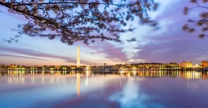 Framed Print : Washington DC, USA at the tidal basin with Washington Monument in spring season