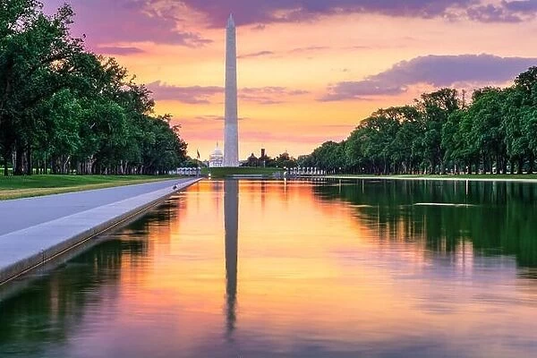 Washington Monument and Capitol Building from the Reflecting Pool in Washingon DC, USA