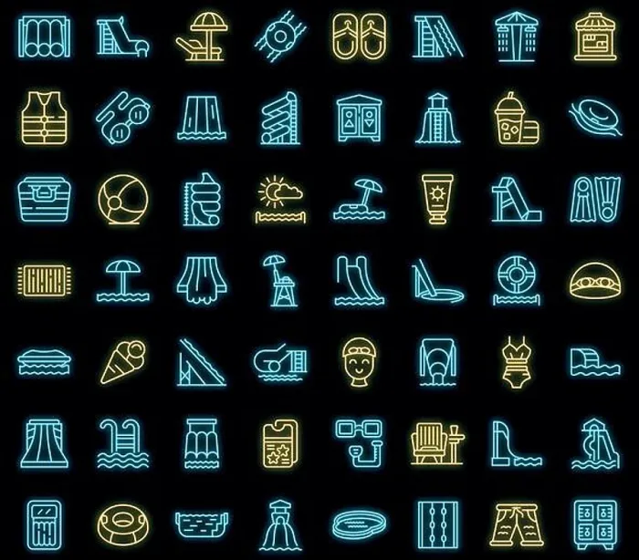 Framed Print : Water park icons set. Outline set of water park vector icons neon color on black