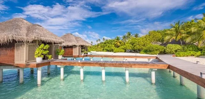 Framed Print : Water Villas bungalows on the perfect tropical Island, beautiful white sand on tropical beach blue water blue sky with coconut palm, Maldives islands Framed Print : Water Villas bungalows on the perfect tropical Island, beautiful white sand on tropical beach blue water blue sky with coconut palm, Maldives islands