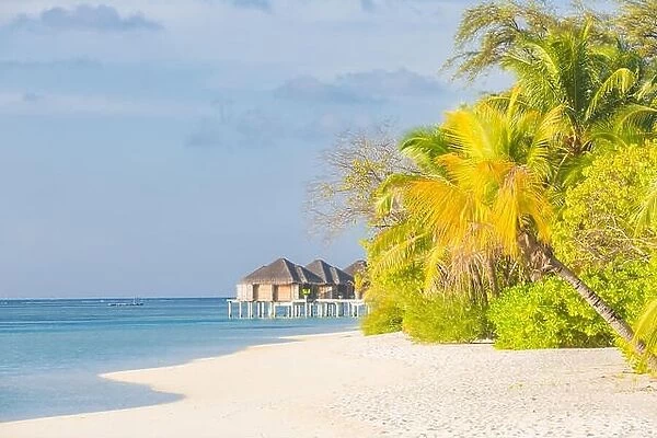 Water villas on tropical island, Maldives. Luxury summer travel and exotic vacation destination
