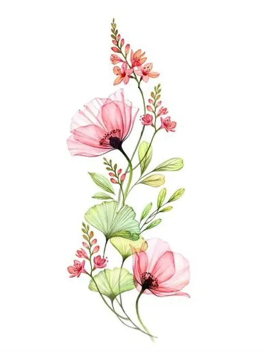 Framed Print : Watercolor floral arrangement. Vertical design element. Abstract big poppy flowers with exotic fresia isolated on white. Botanical illustration for