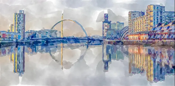 Framed Print : Watercolour painting of the Clyde Arc road bridge spanning the River Clyde in Glasgow, Scotland