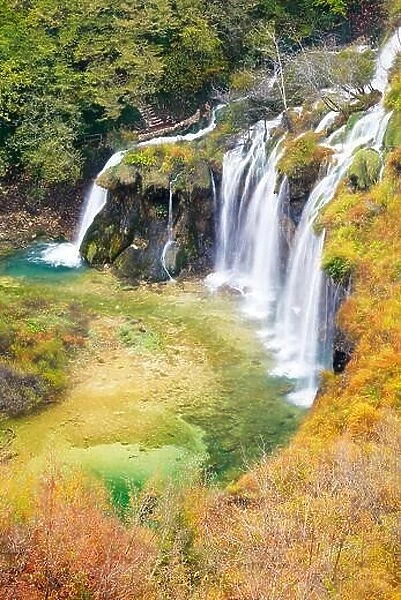 Waterfalls in Plitvice Lakes National Park (Plitvicka Jezera), autumn landscape, Croatia, UNESCO