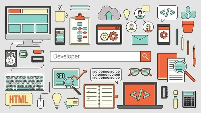 Framed Print : Web and software developer banner with seacrh bar and thin line objects and work tools on a desk Framed Print : Web and software developer banner with seacrh bar and thin line objects and work tools on a desk