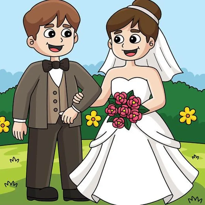 Framed Print : Wedding Groom And Bride Colored Cartoon Framed Print : Wedding Groom And Bride Colored Cartoon
