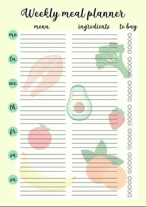 Framed Print : Weekly meal planner printable page Framed Print : Weekly meal planner printable page