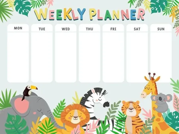 Framed Print : Weekly planner for kid. Child schedule for week with tropical jungle animals and plants Framed Print : Weekly planner for kid. Child schedule for week with tropical jungle animals and plants