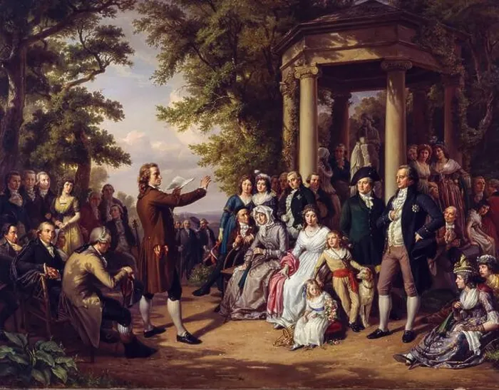Framed Print : Weimar's Courtyard of the Muses (Friedrich Schiller reading to the court in Tiefurt) Framed Print : Weimar's Courtyard of the Muses (Friedrich Schiller reading to the court in Tiefurt)