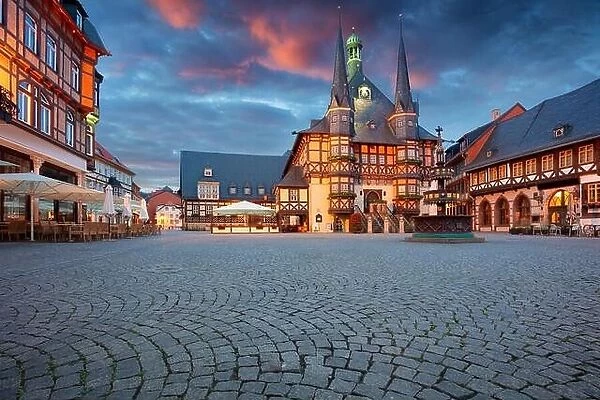 Wernigerode, Germany. Cityscape image of historical downtown of Wernigerode, Germany with Old Town Hall at summer sunrise