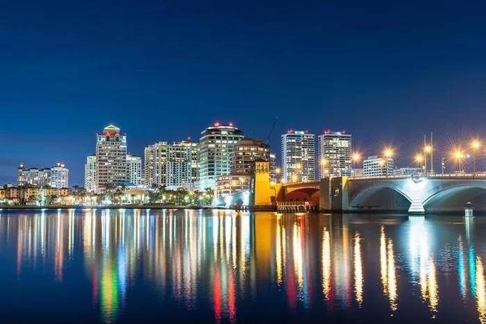 Framed Print : West Palm Beach, Florida, USA downtown skyline on the Intracoastal Waterway at dusk