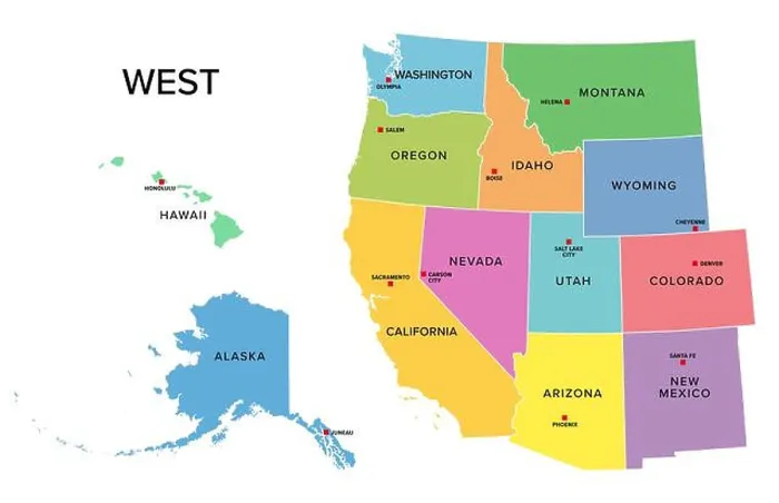 Framed Print : West, U.S. census region, multi colored political map Framed Print : West, U.S. census region, multi colored political map