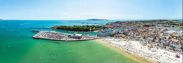 Framed Print : Weymouth Beachat summer from a drone, Esplanade, Weymouth, Dorset, England Framed Print : Weymouth Beachat summer from a drone, Esplanade, Weymouth, Dorset, England