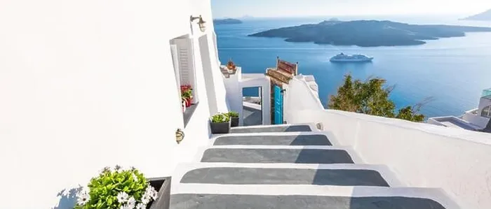 Framed Print : White architecture staircases on Santorini Island, Greece. View toward Caldera sea with cruise ship awaiting. Amazing landscape, summer holiday travel Framed Print : White architecture staircases on Santorini Island, Greece. View toward Caldera sea with cruise ship awaiting. Amazing landscape, summer holiday travel