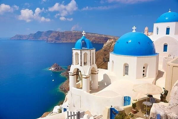 White greek church with bell tower, Oia Town, Santorini Island, Greece