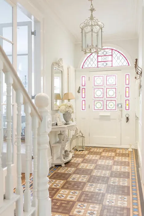 Framed Print : White, luxury home showcase interior foyer with chandelier Framed Print : White, luxury home showcase interior foyer with chandelier