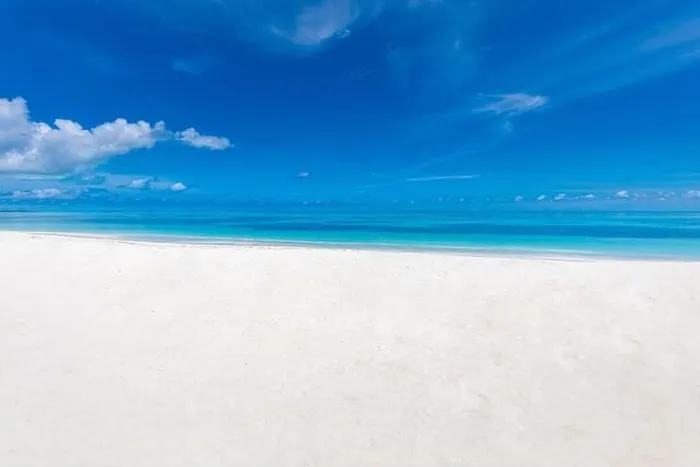 Framed Print : White sand beach and blue sky. Idyllic tropical nature pattern, paradise island landscape, peaceful, tranquil scenery, Sea sand sly concept