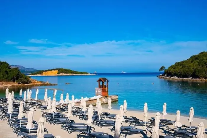 Framed Print : White sand beaches and blue water in Ksamil in Albania Framed Print : White sand beaches and blue water in Ksamil in Albania