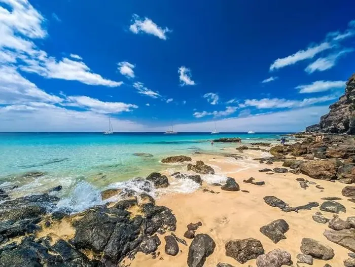 Framed Print : White sandy beach and blue water in Morro Jable, south of Fuerteventura, Canary islands, Spain Framed Print : White sandy beach and blue water in Morro Jable, south of Fuerteventura, Canary islands, Spain