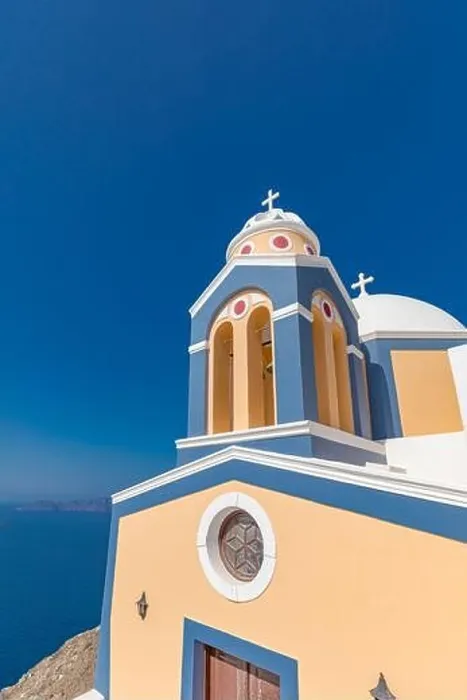 Framed Print : White wash architecture on Santorini Island, Greece. The view toward Caldera sea with relaxing summer travel vacation mood, vibes. Romance love couple