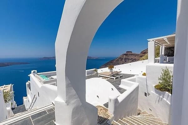 White wash staircases and entrance on Santorini Island, Greece. The view toward Caldera sea view. Famous tourism attraction, travel destination
