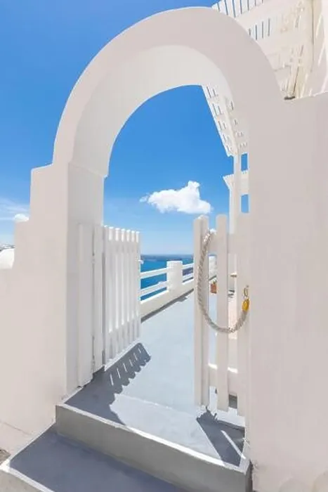 Framed Print : White wash staircases on Santorini Island Greece. Door entrance over blue sea view under blue sky. Amazing summer travel landscape. Exotic destination Framed Print : White wash staircases on Santorini Island Greece. Door entrance over blue sea view under blue sky. Amazing summer travel landscape. Exotic destination