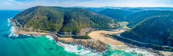 Framed Print : Wide aerial panorama of Great Ocean Road bending and winding along scenic coastline Framed Print : Wide aerial panorama of Great Ocean Road bending and winding along scenic coastline