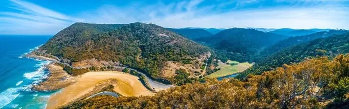 Framed Print : Wide aerial panorama of Great Ocean Road and hills near Lorne on bright sunny day Framed Print : Wide aerial panorama of Great Ocean Road and hills near Lorne on bright sunny day