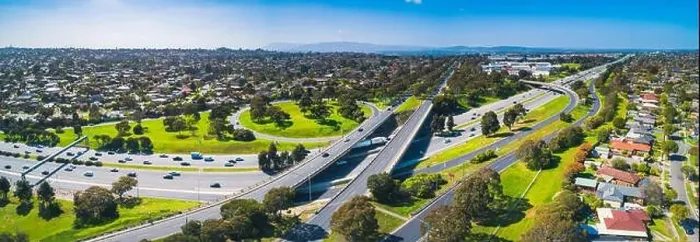 Framed Print : Wide aerial panorama of highway interchange on sunny day Framed Print : Wide aerial panorama of highway interchange on sunny day