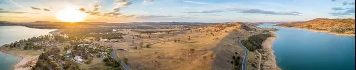 Framed Print : Wide aerial panorama of Lake Hume Village and Murray River at sunset Framed Print : Wide aerial panorama of Lake Hume Village and Murray River at sunset