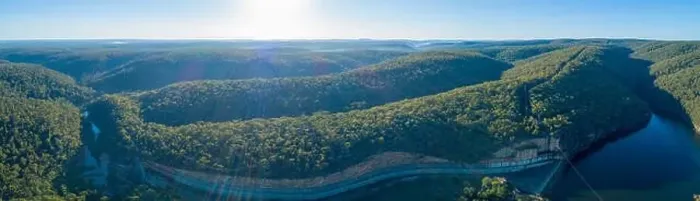Framed Print : Wide aerial panorama of Lake Nepean Dam and forested hills. Bargo, New South Wales, Australia Framed Print : Wide aerial panorama of Lake Nepean Dam and forested hills. Bargo, New South Wales, Australia