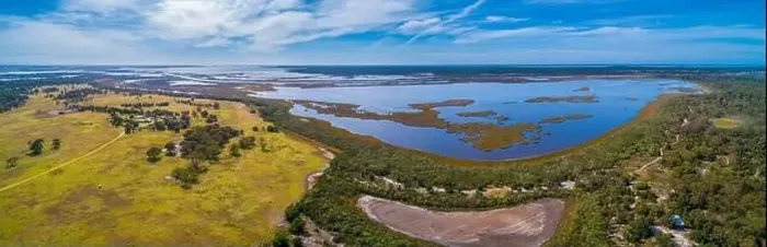 Framed Print : Wide aerial panorama of Lake Wellington in Gippsland, Australia Framed Print : Wide aerial panorama of Lake Wellington in Gippsland, Australia