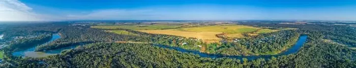 Framed Print : Wide aerial panorama of long stretch of Murray River in scenic countryside Framed Print : Wide aerial panorama of long stretch of Murray River in scenic countryside