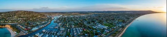 Framed Print : Wide aerial panorama of luxury coastal suburb on Mornington Peninsula and Port Phillip Bay at sunset Framed Print : Wide aerial panorama of luxury coastal suburb on Mornington Peninsula and Port Phillip Bay at sunset