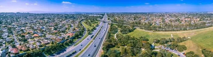 Framed Print : Wide aerial panorama of Monash Freeway passing through Wheelers hill suburb in Melbourne, Australia Framed Print : Wide aerial panorama of Monash Freeway passing through Wheelers hill suburb in Melbourne, Australia