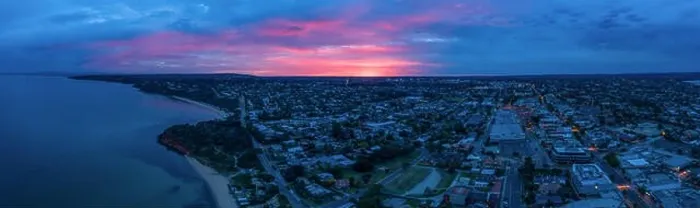 Framed Print : Wide aerial panorama of Mornington suburb at sunrise. Melbourne, Australia Framed Print : Wide aerial panorama of Mornington suburb at sunrise. Melbourne, Australia