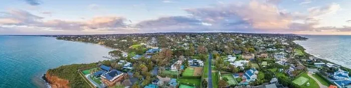 Framed Print : Wide aerial panorama of Mount Eliza suburb on Mornington Peninsula in Melbourne, Australia at sunset Framed Print : Wide aerial panorama of Mount Eliza suburb on Mornington Peninsula in Melbourne, Australia at sunset