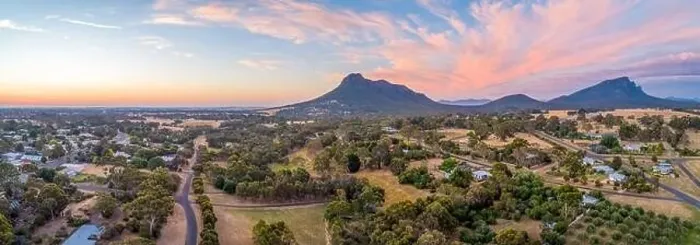 Framed Print : Wide aerial panorama of Mount Sturgeon and Dunkeld township at dusk Framed Print : Wide aerial panorama of Mount Sturgeon and Dunkeld township at dusk