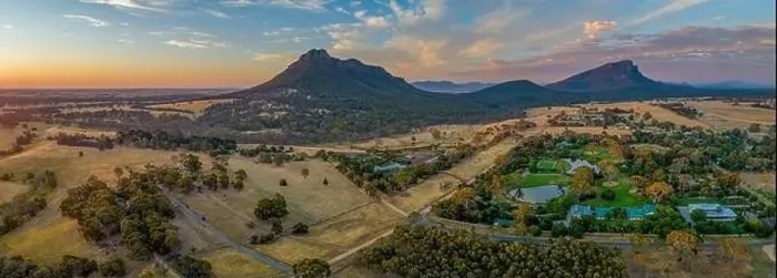 Framed Print : Wide aerial panorama of Mount Sturgeon at Grampians National Park at dusk Framed Print : Wide aerial panorama of Mount Sturgeon at Grampians National Park at dusk