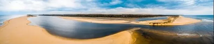Framed Print : Wide aerial panorama of ocean beach at Marlo, Victoria, Australia Framed Print : Wide aerial panorama of ocean beach at Marlo, Victoria, Australia
