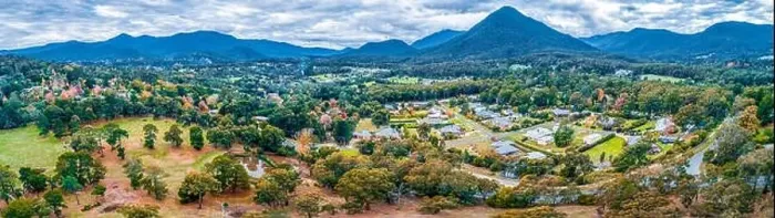 Framed Print : Wide aerial panorama of scenic Healesville town in fall, Victoria, Australia Framed Print : Wide aerial panorama of scenic Healesville town in fall, Victoria, Australia