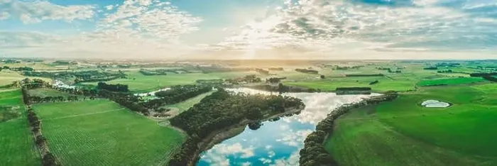 Framed Print : Wide aerial panorama of sunset over Hopkins River and grasslands in Warrnambool, Australia Framed Print : Wide aerial panorama of sunset over Hopkins River and grasslands in Warrnambool, Australia