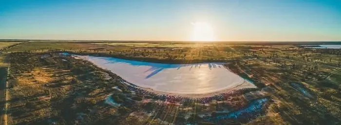 Framed Print : Wide aerial panorama of sunset over Lake Hardy in Australian desert Framed Print : Wide aerial panorama of sunset over Lake Hardy in Australian desert